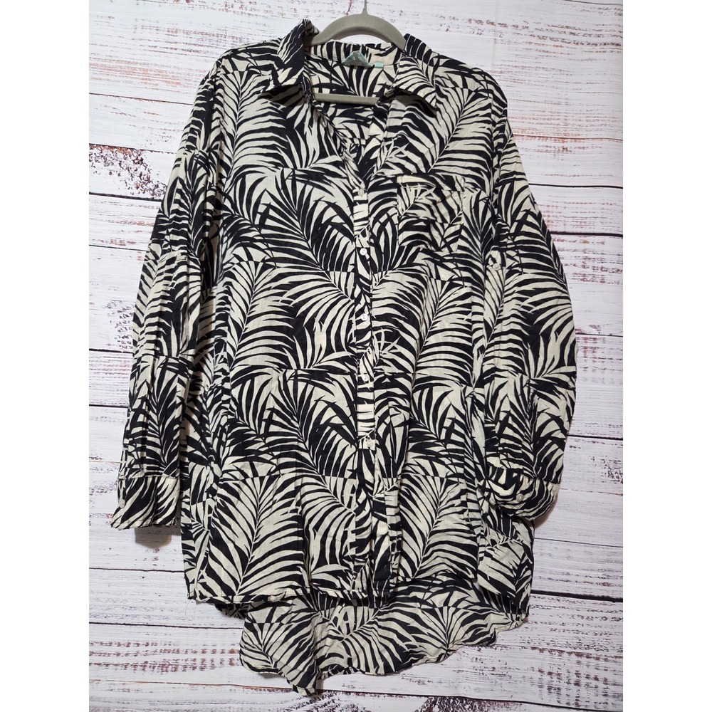True Destinations Women XL Black Cream Palm Leaf Cotton High Low Tunic Shirt